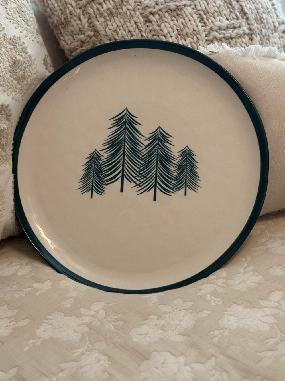 12 inch Platter Painted Pine Tree Ceramic Dark Teal